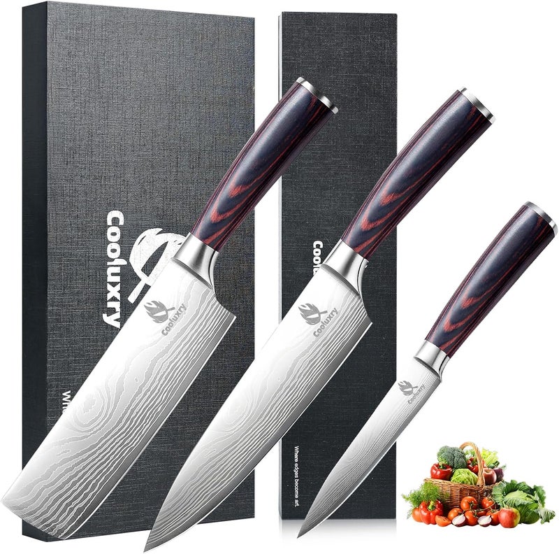 Cooluxry Kitchen Knife Set, 3 Piece Professional Chef Knife Set, High Carbon Stainless Steel Ultra Sharp Blade & Wooden Handle (3 Pcs) - Image 1